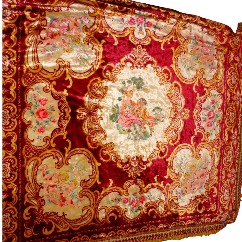 Vintage Italian Velvet Tapestry Bedspread Conca D'Oro Cherubs Marca de Fabrica